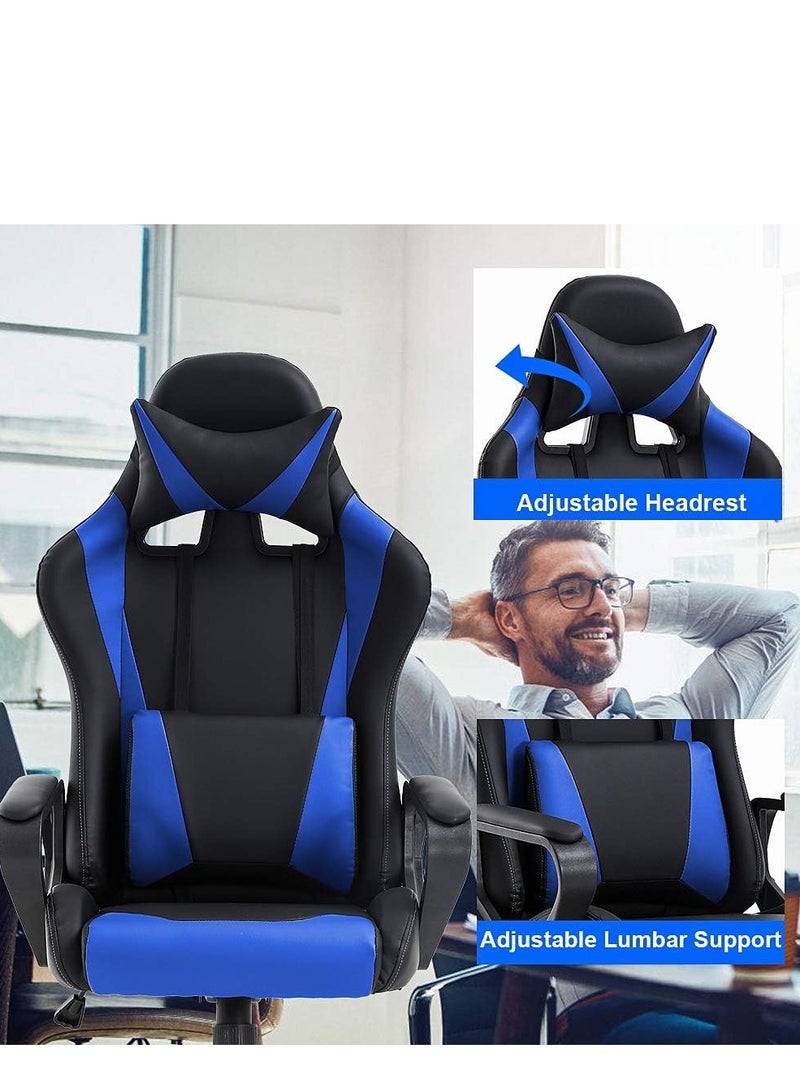 Adjustable Racing Gaming Chair, Ergonomic Design Lumbar High Back PU Leather with Comfortable Armrest and Headrest, Blue/Black