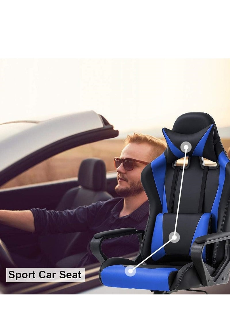 Adjustable Racing Gaming Chair, Ergonomic Design Lumbar High Back PU Leather with Comfortable Armrest and Headrest, Blue/Black