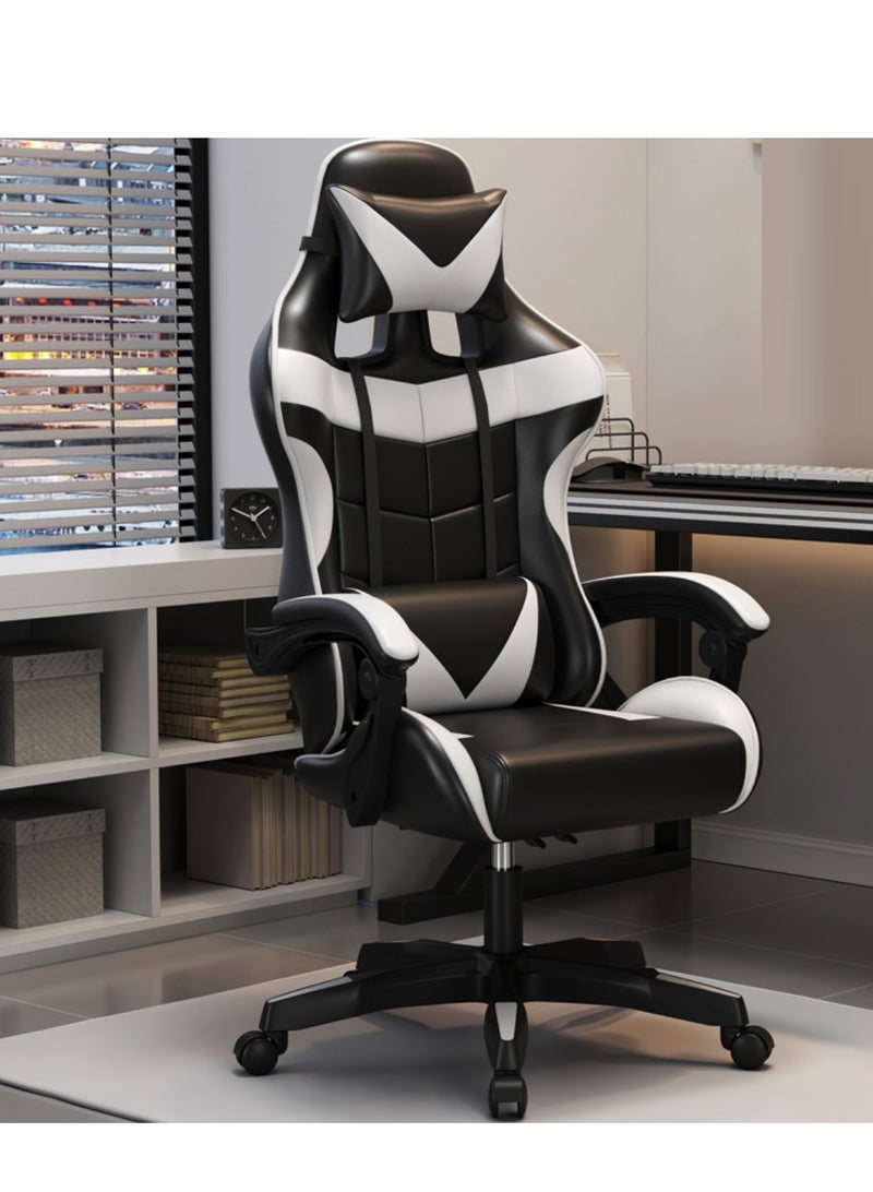 Adjustable Racing Gaming Chair, Ergonomic Design Lumbar High Back PU Leather with Comfortable Armrest and Headrest, White/Black