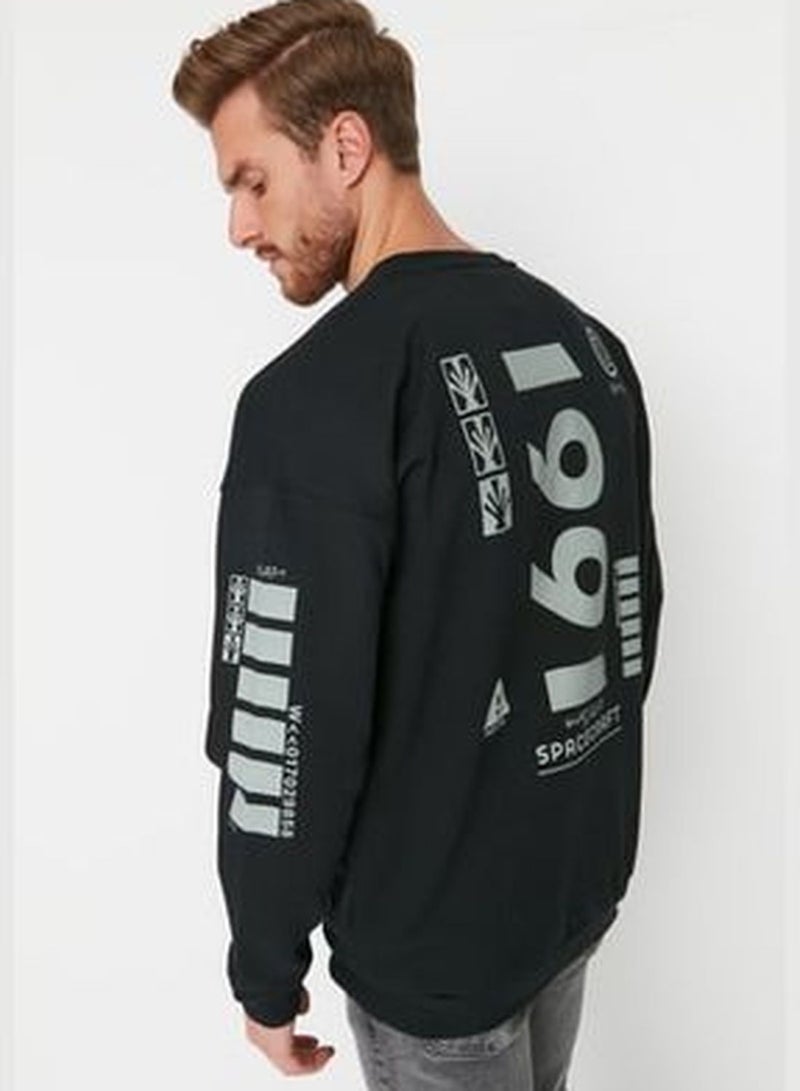 Men's Black Oversize Fit Crew Neck Printed Sweatshirt