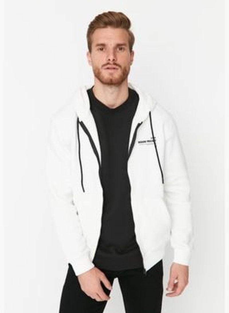 Men's White Regular Fit Hooded Slogan Printed Sweatshirt