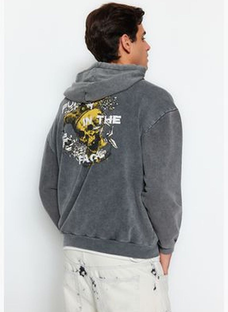 Anthracite Men's Relaxed Aged/Faded-effect Printed Back Sweatshirt.