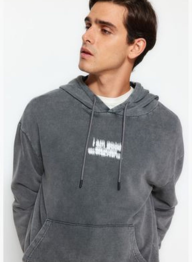 Anthracite Men's Relaxed Aged/Faded-effect Printed Back Sweatshirt.