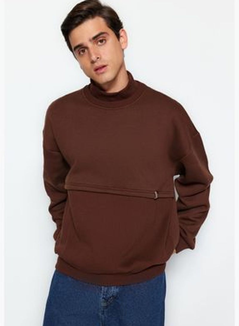 Limited Edition Men's Brown Oversized/Wide-Cut Stand-Up Collar Loose Fleece Sweatshirt with Label.