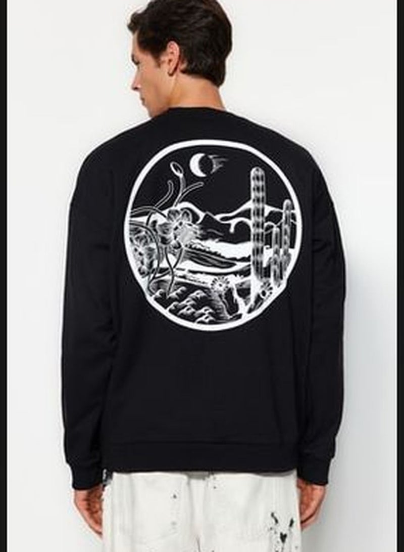 Men's Black Oversized Tropical Back Printed Sweatshirt with Soft Pillows and Cotton TMNAW22SW0796.