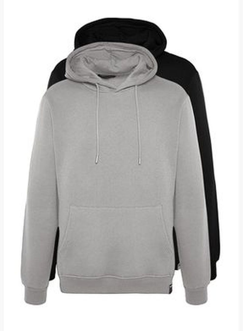 Black-Grey Men's 2-Pack Basic Regular/Normal Cut Hoodie with Soft Pillows Sweatshirt.