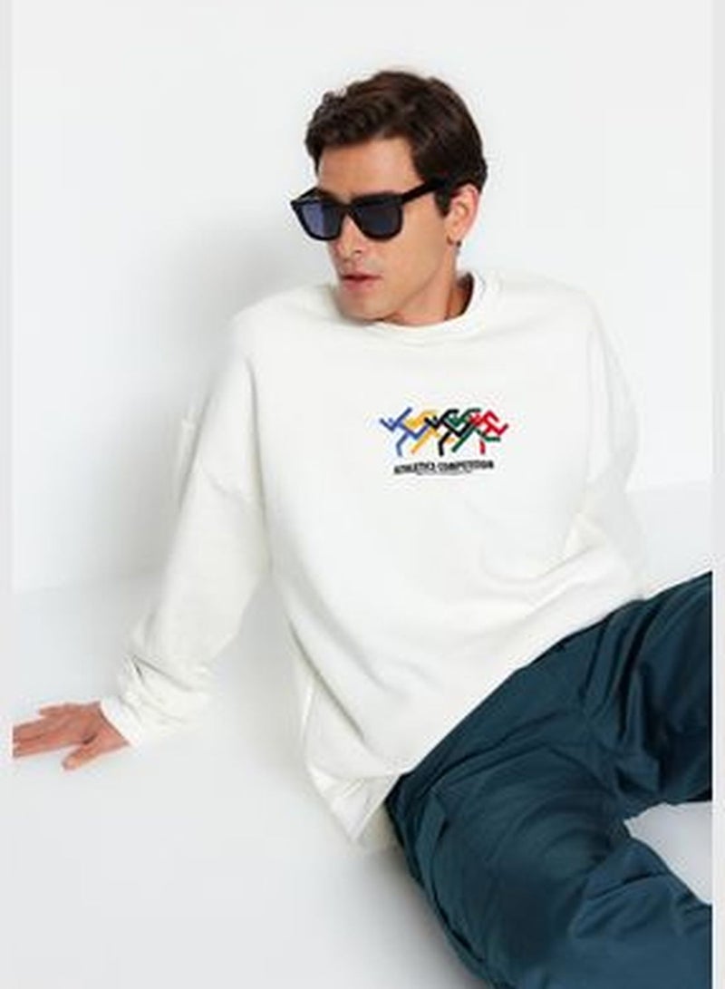 Men's Ecru Oversize/Wide-Cut Olympic Embroidery and Printed Fleece Sweatshirt.