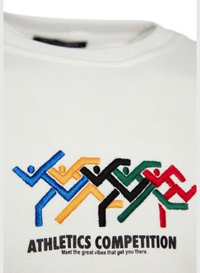 Men's Ecru Oversize/Wide-Cut Olympic Embroidery and Printed Fleece Sweatshirt.