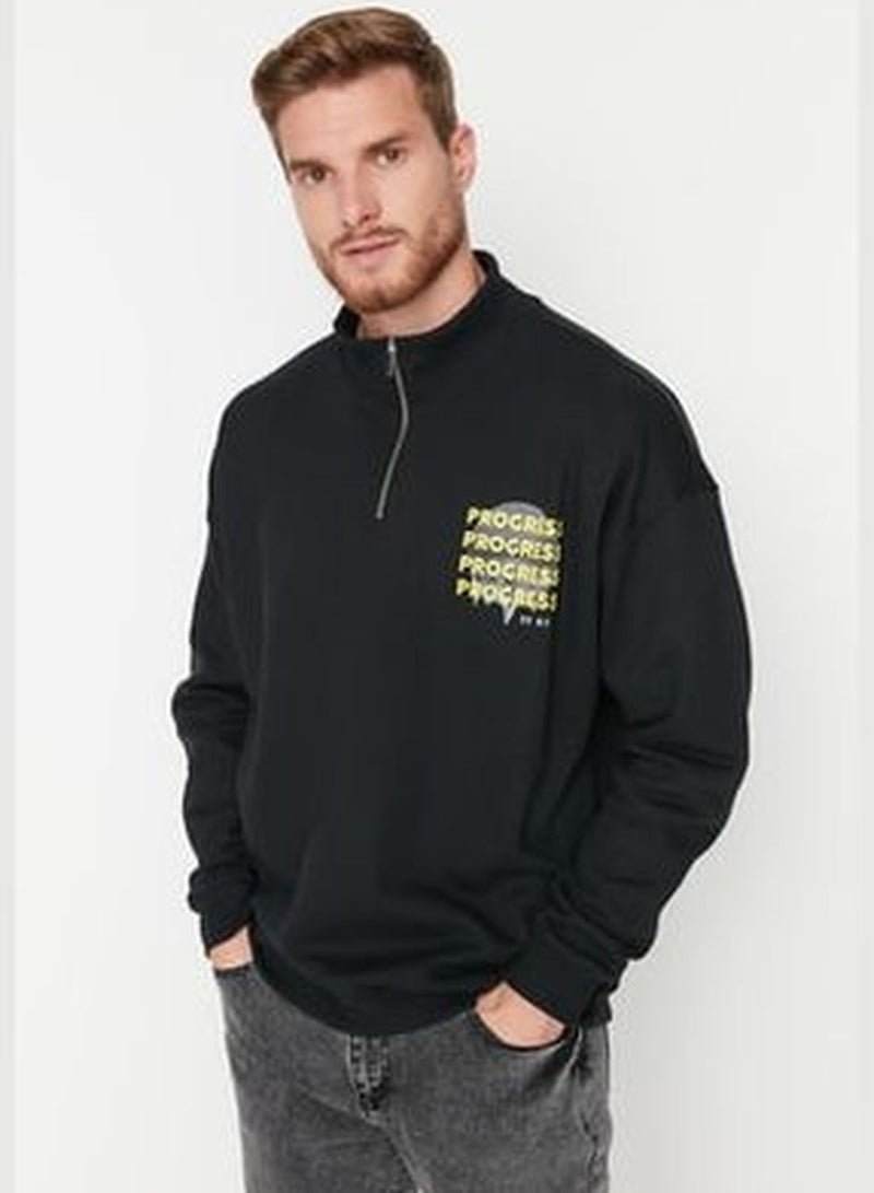 Men's Black Oversized Zippered Text Printed Sweatshirt with a Soft Pile Inside Cotton TMNAW23SW00017