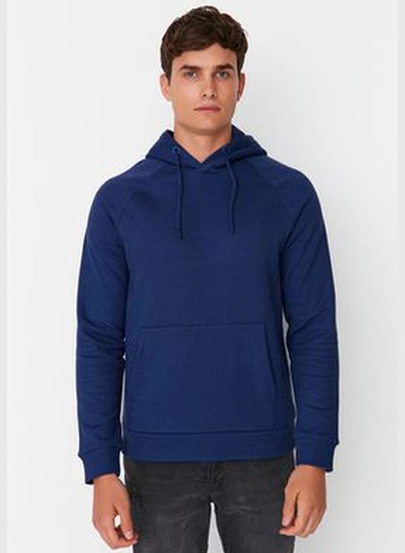 Men's Navy Blue Basic Regular Fit Hooded Raglan Sleeve Sweatshirt