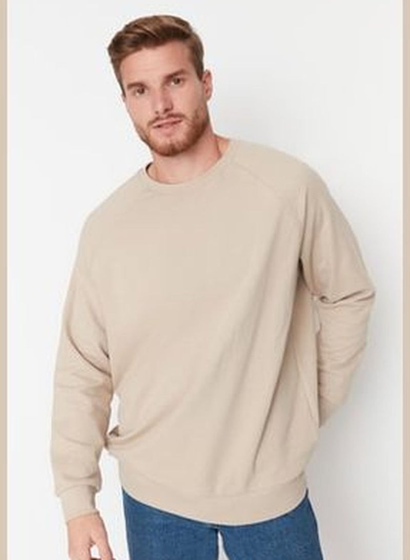 Beige Men's Basic Oversize Fit Sweatshirt with a Soft Pile, Crew Neck.