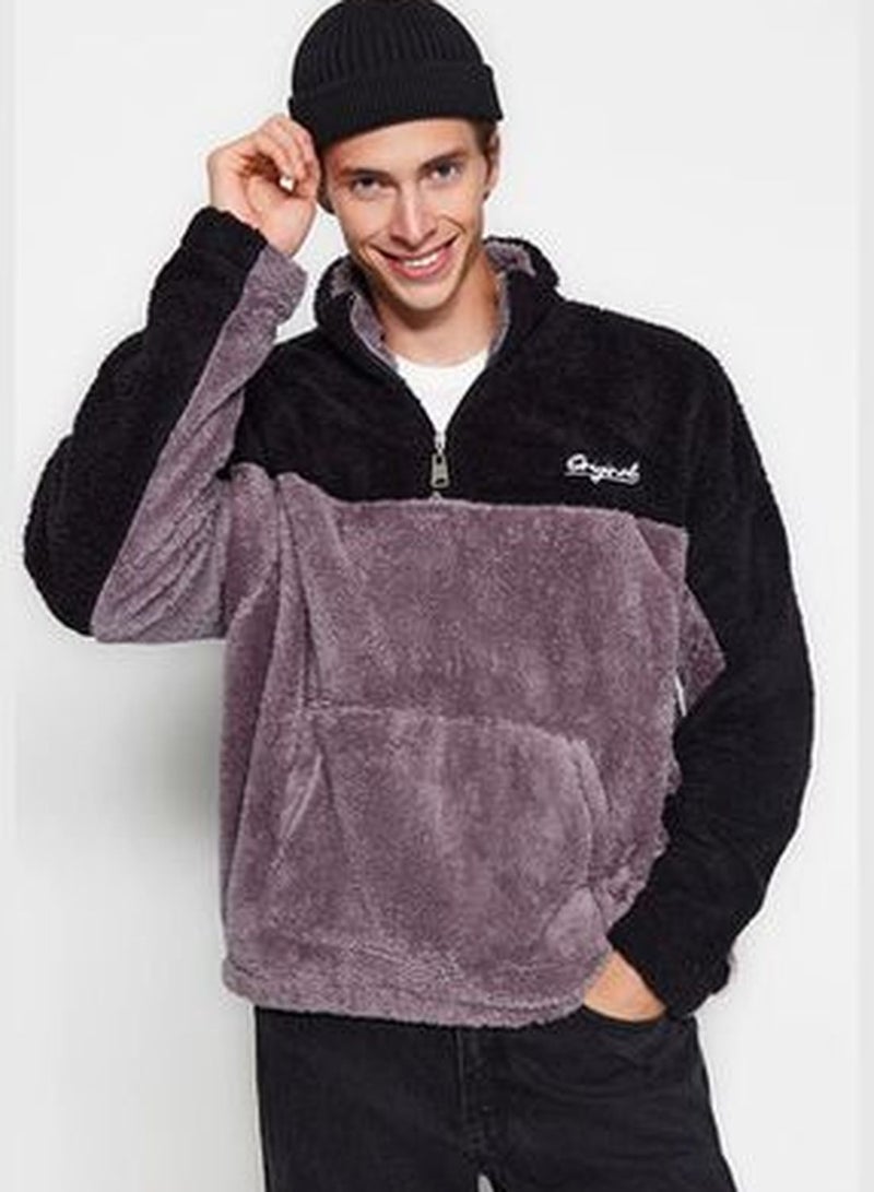 Black Unisex Plus Size Oversize Comfy Color Block Embroidered Zipper Plush Sweatshirt.
