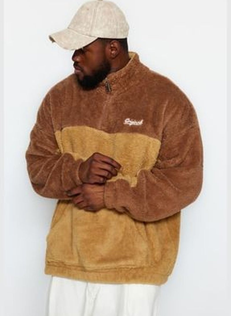 Camel Unisex Plus Size Oversize/Wide-Cut Comfortable Standing Neck Zippered Embroidery Thick Fleece/Plush.
