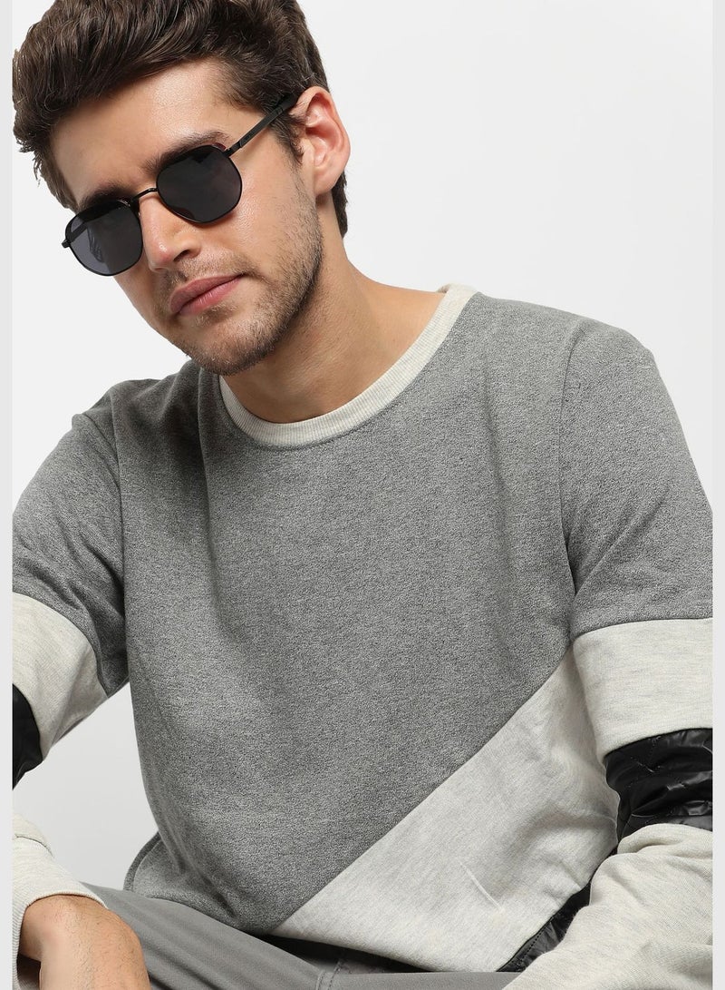 Campus Sutra Men's Solid Colour-Blocked Regular Fit Sweater For Winter Wear | Round Neck | Full Sleeve | Woolen Sweater | Casual Sweater For Man | Western Stylish Sweater For Men