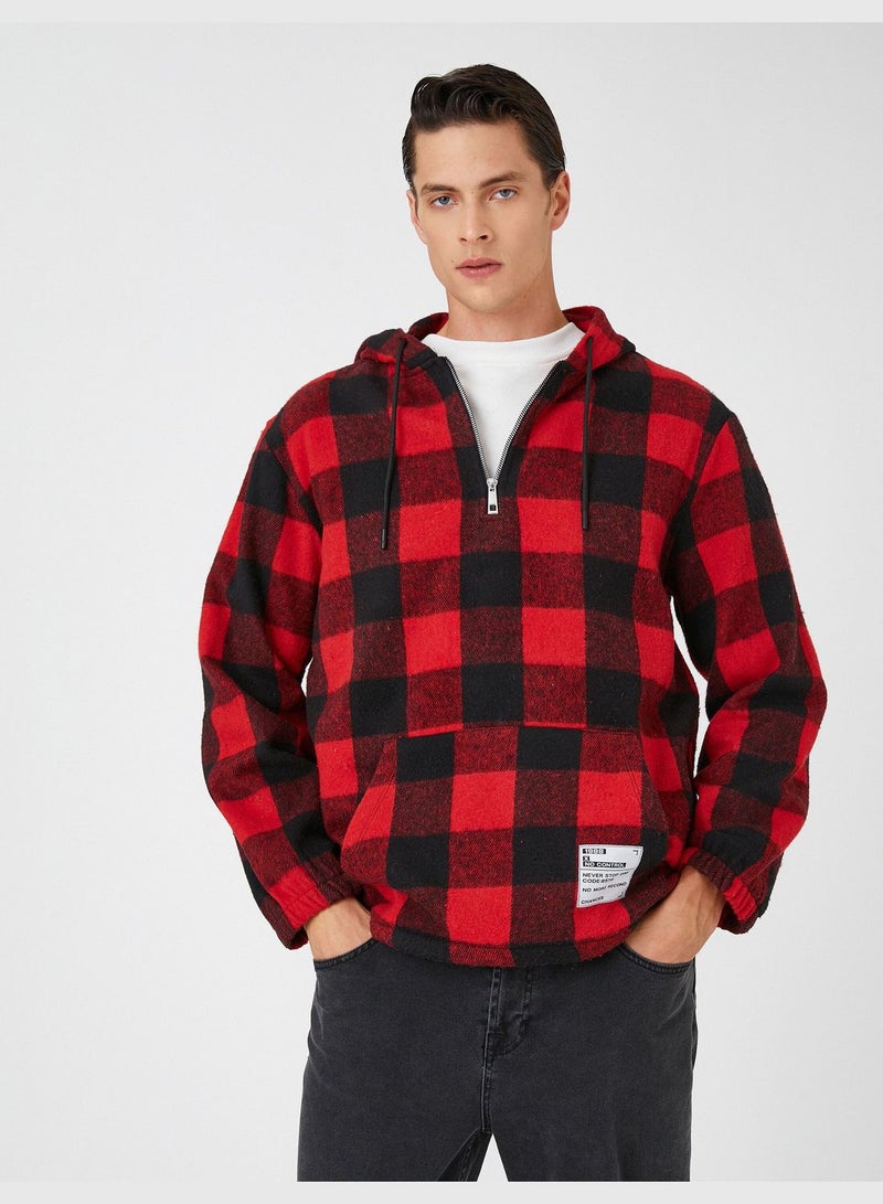 Plaid Hoodie Ticket Printed Pocket Detailed Half Zippered