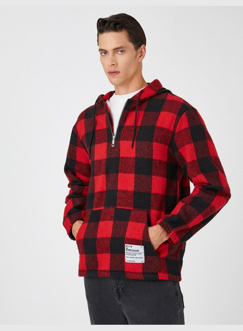 Plaid Hoodie Ticket Printed Pocket Detailed Half Zippered