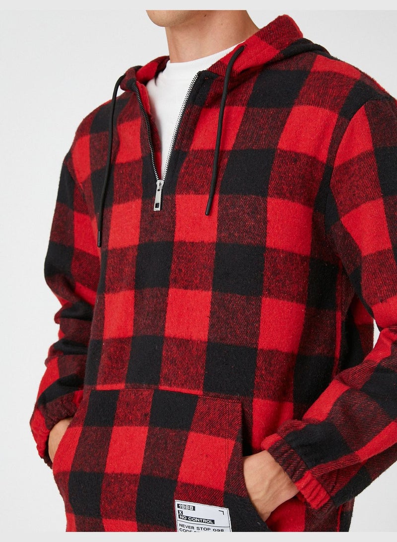 Plaid Hoodie Ticket Printed Pocket Detailed Half Zippered