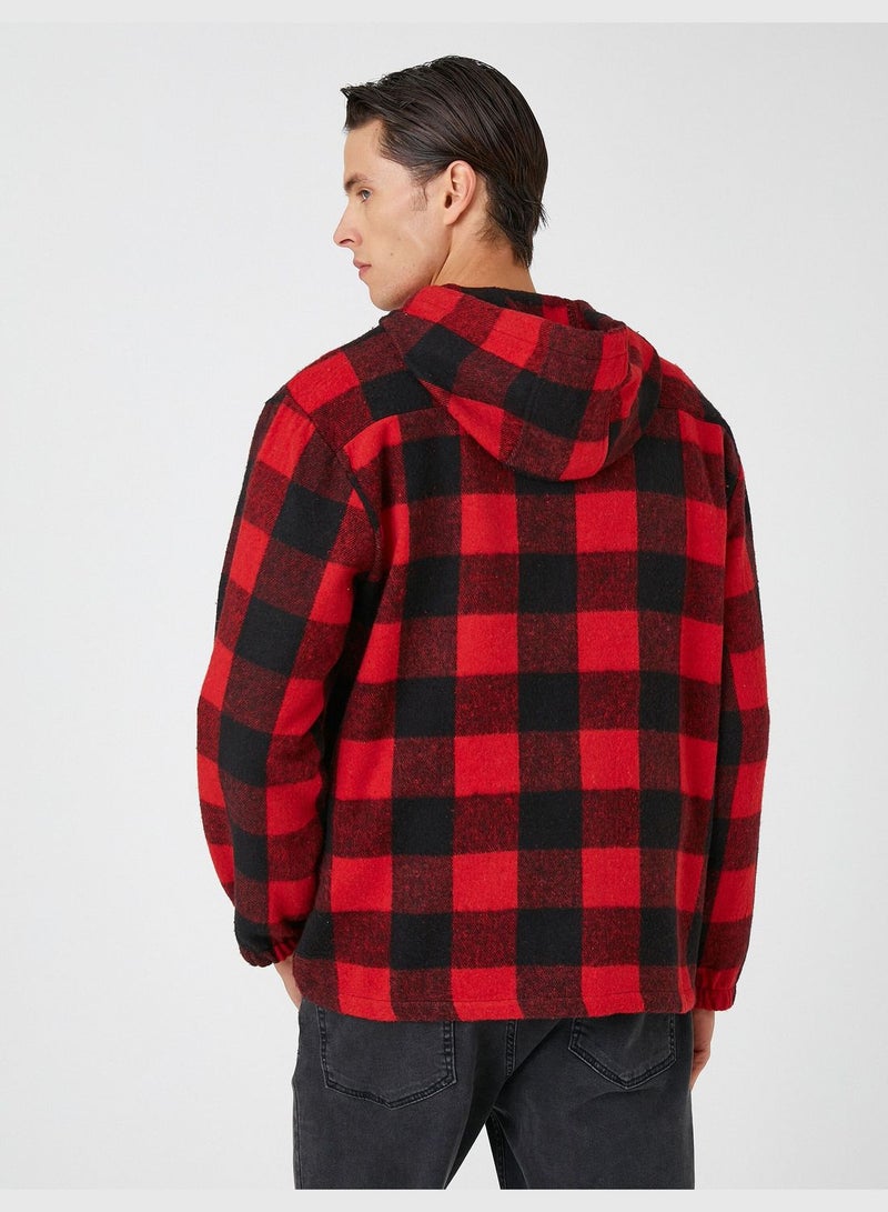 Plaid Hoodie Ticket Printed Pocket Detailed Half Zippered