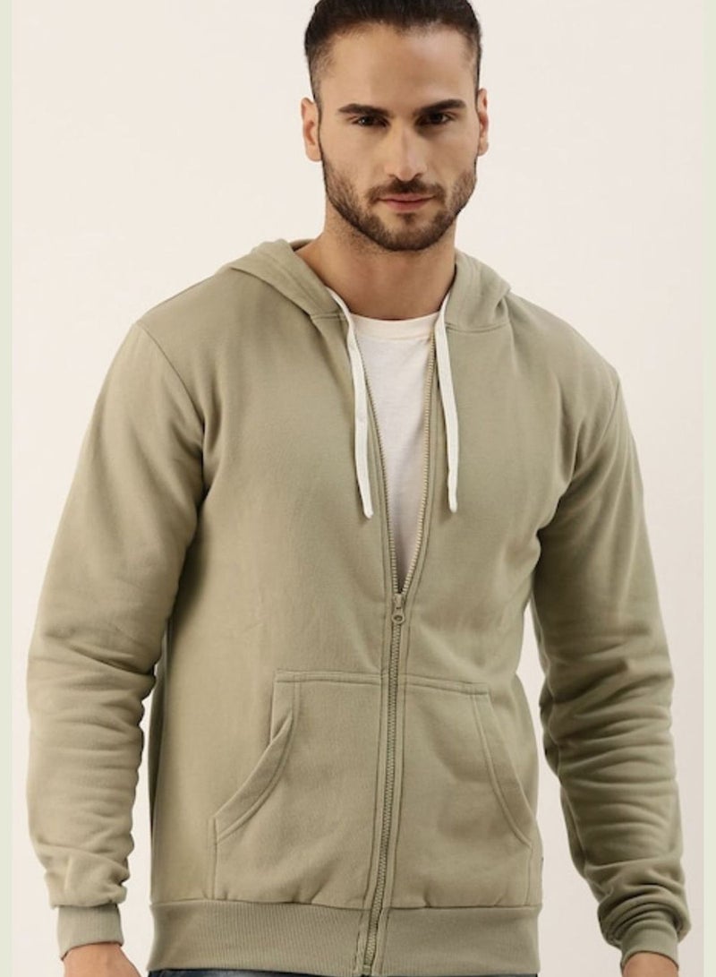 Men Light Olive Solid Hooded Sweatshirt