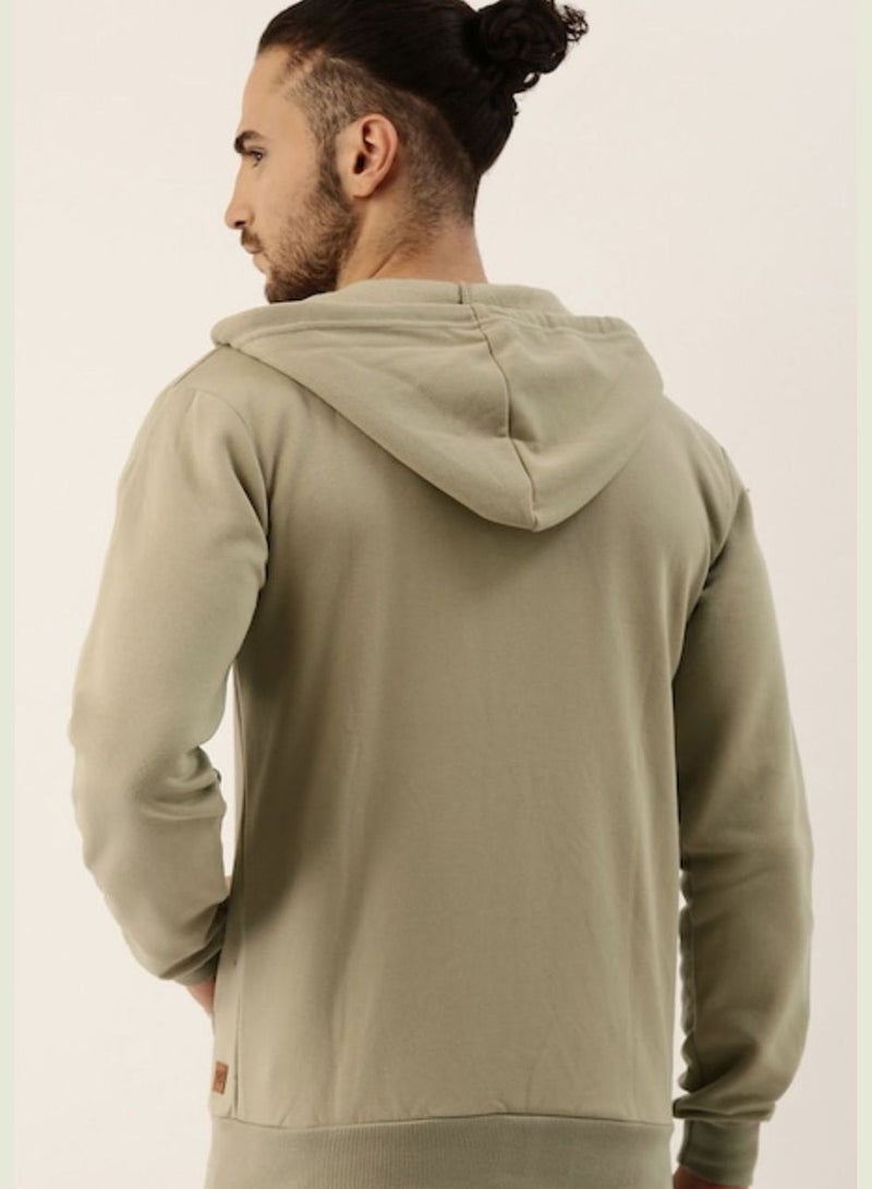 Men Light Olive Solid Hooded Sweatshirt