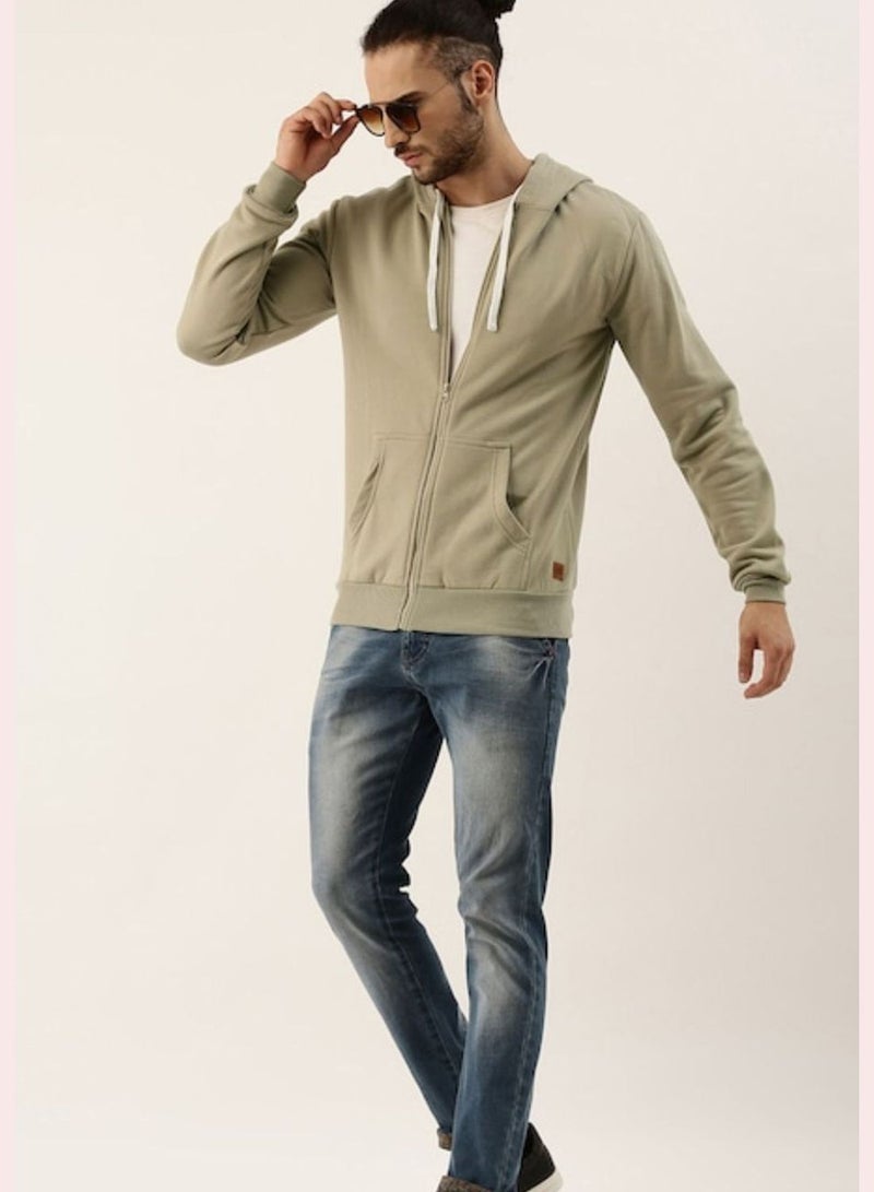 Men Light Olive Solid Hooded Sweatshirt