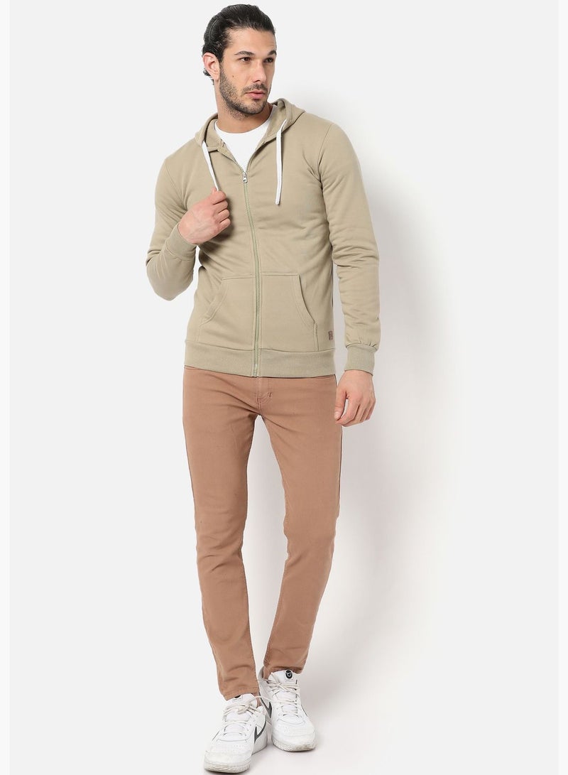 Men Light Olive Solid Hooded Sweatshirt