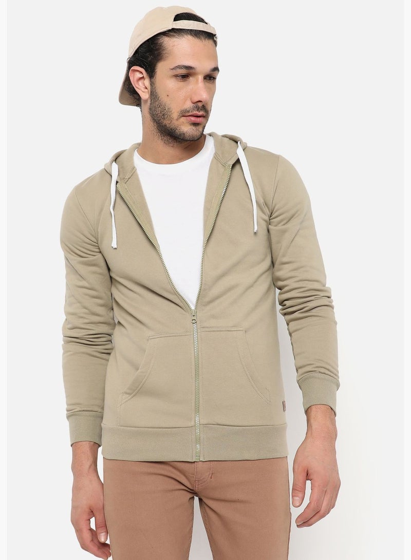 Men Light Olive Solid Hooded Sweatshirt