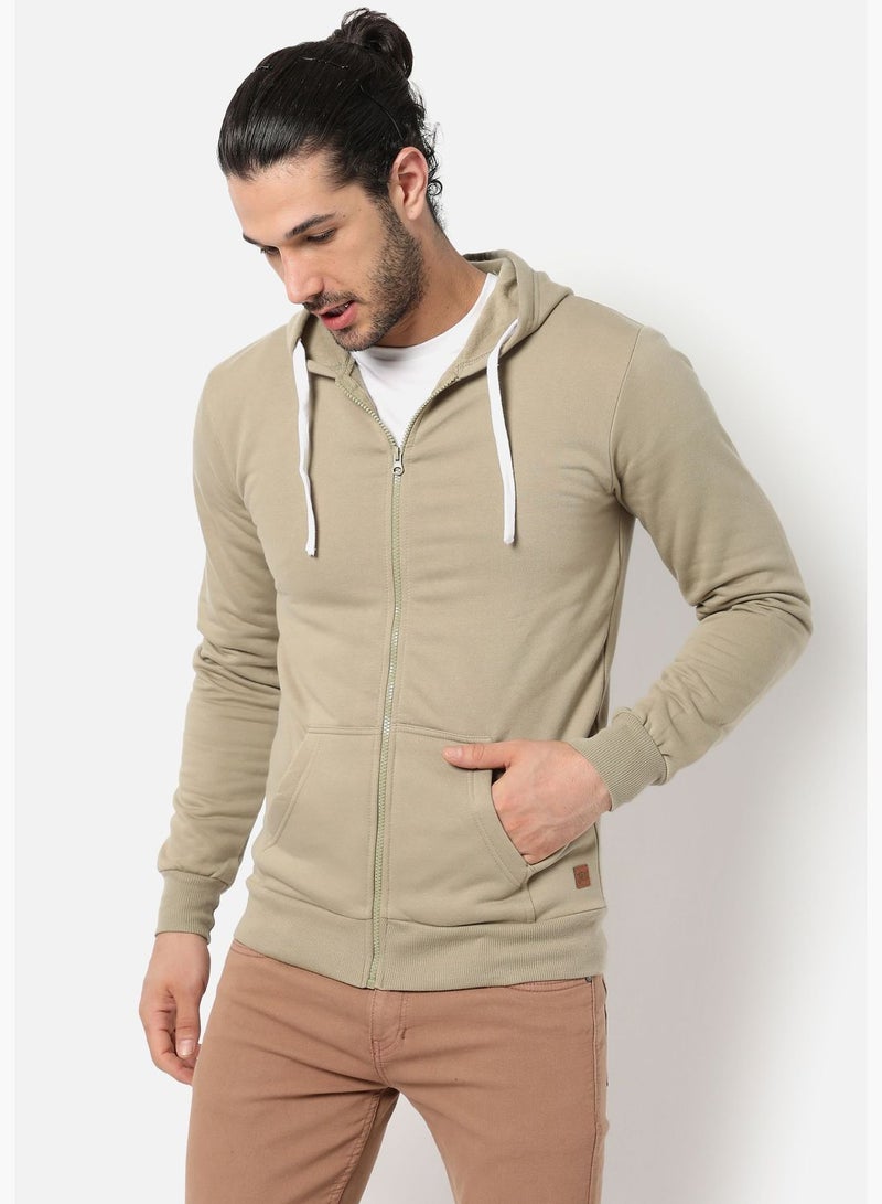 Men Light Olive Solid Hooded Sweatshirt