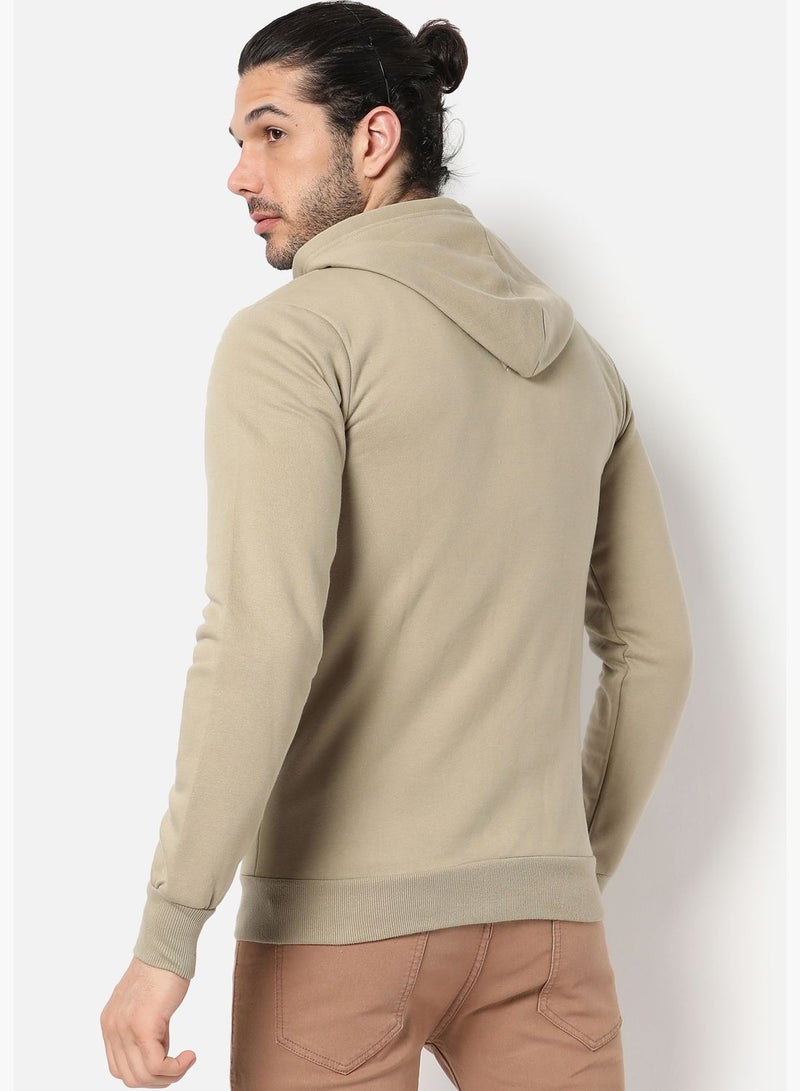 Men Light Olive Solid Hooded Sweatshirt