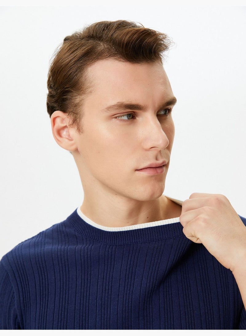 Neck Detail Slim Fit Textured Long Sleeve Knitwear Sweater