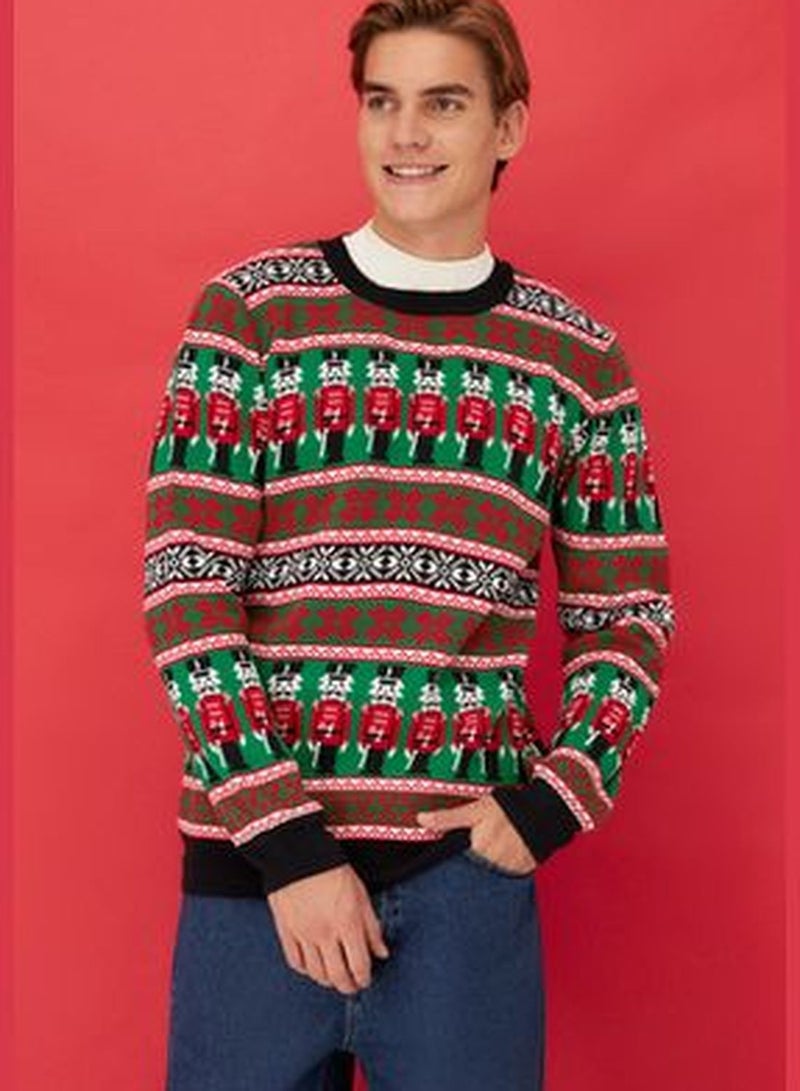 Men's Multicolored Regular Fit Crewneck Christmas Knitwear Sweater.