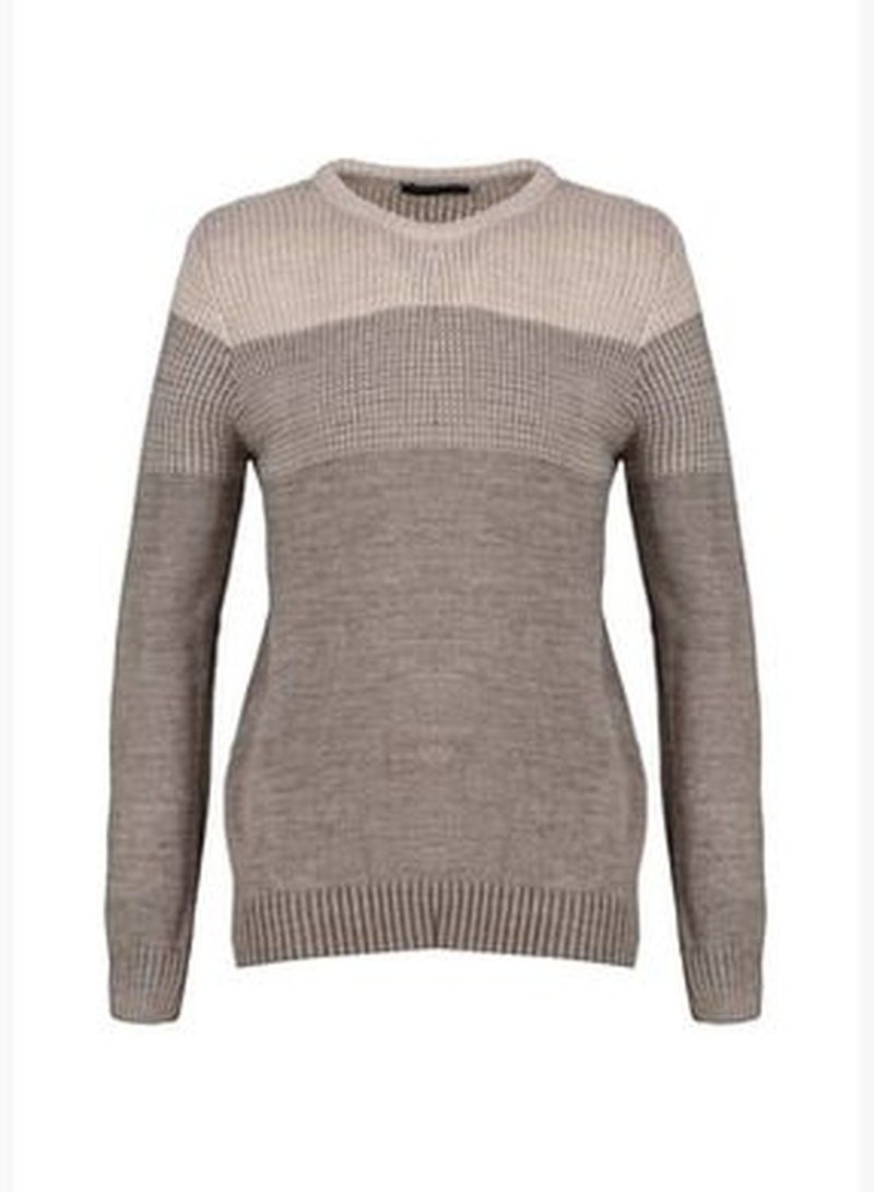 Beige Men's Slim Fit Crew Neck Blocky Sweater TMNAW21KZ0543