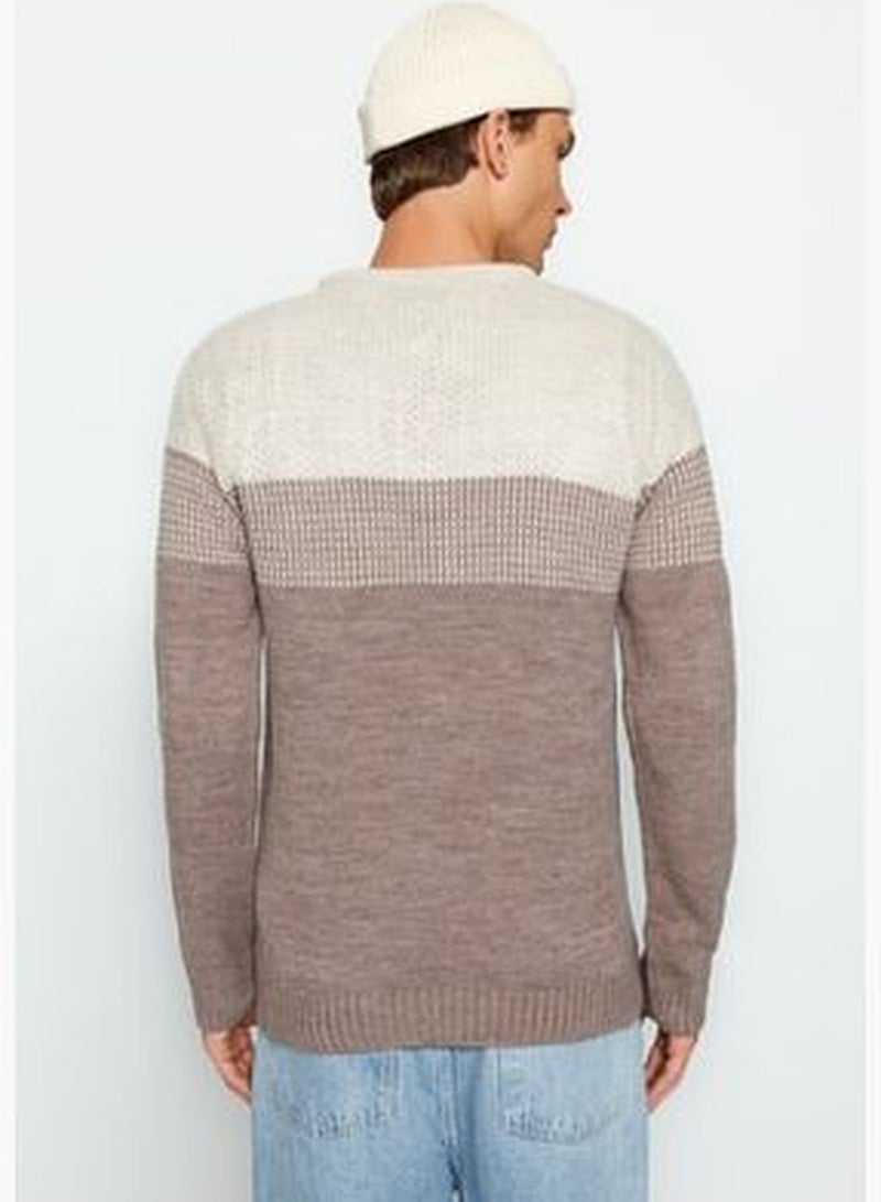 Beige Men's Slim Fit Crew Neck Blocky Sweater TMNAW21KZ0543