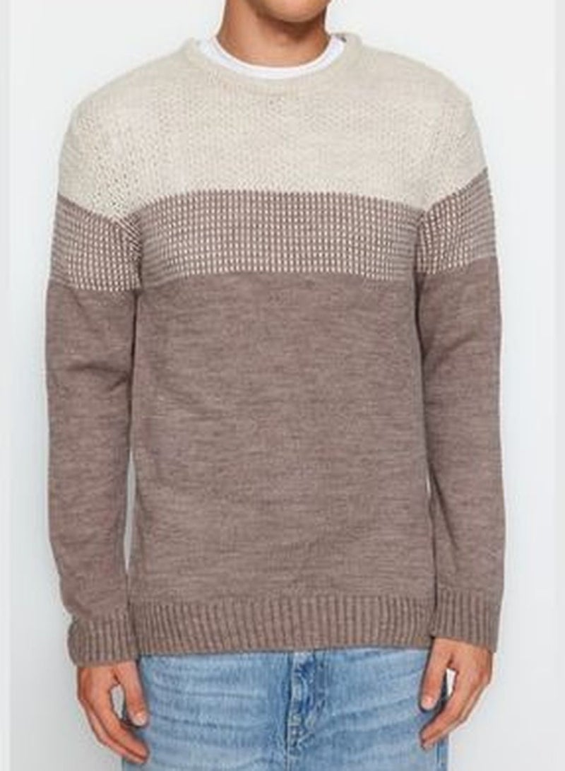 Beige Men's Slim Fit Crew Neck Blocky Sweater TMNAW21KZ0543