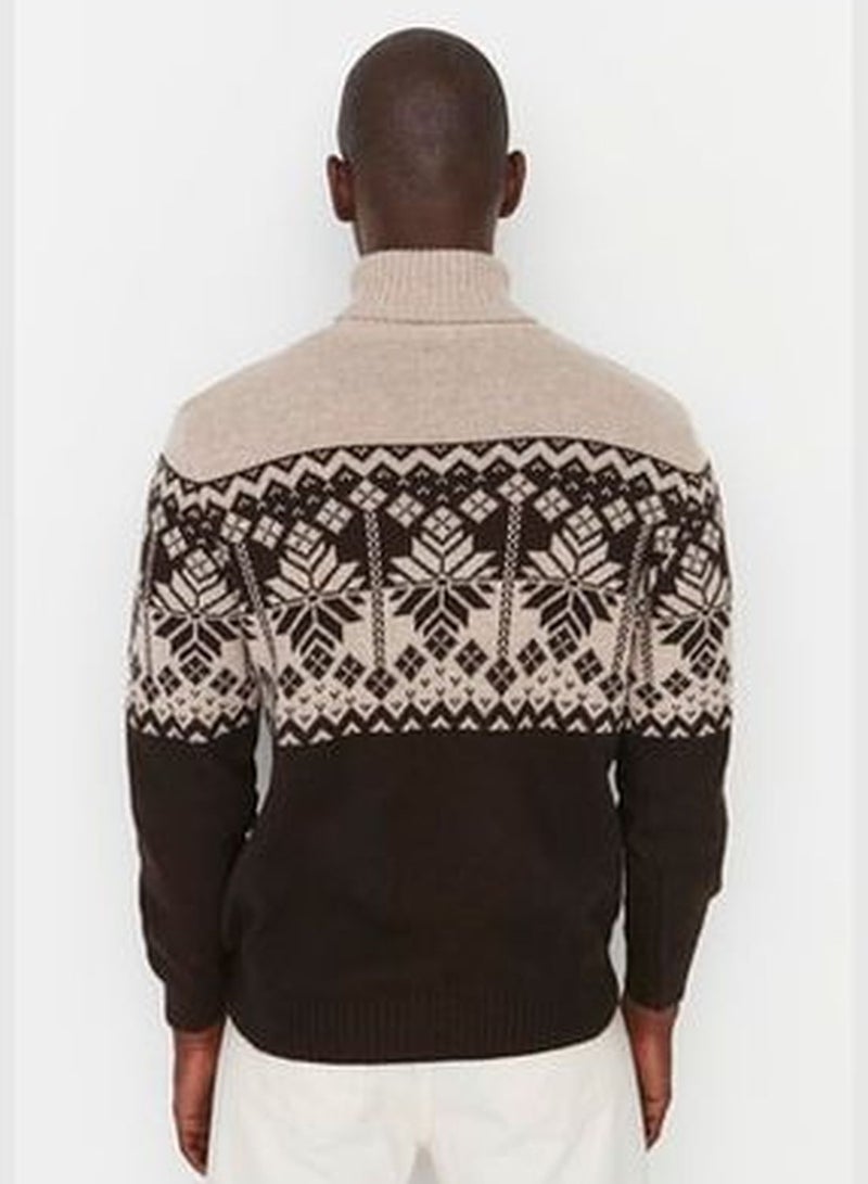 Beige Men's Slim Fit Turtleneck Jacquard Paneled Knitwear Sweater