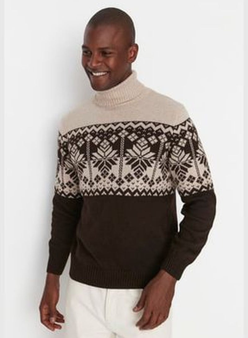 Beige Men's Slim Fit Turtleneck Jacquard Paneled Knitwear Sweater