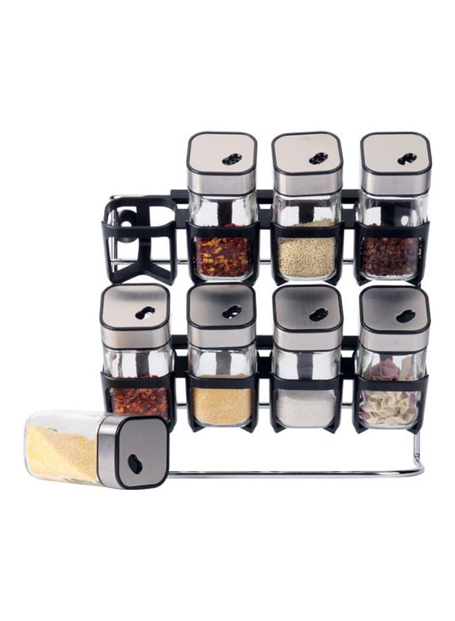 8-Piece Spice Jar And Two-Tiered Storage Rack Set Clear/Silver/Black 9.9x4.7cm