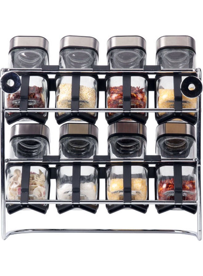 8-Piece Spice Jar And Two-Tiered Storage Rack Set Clear/Silver/Black 9.9x4.7cm