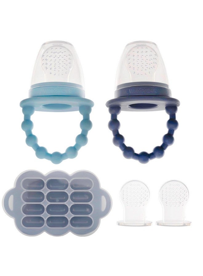 Silicone Baby Food Feeders + Freezer Tray For Batch Prep Set Of 2 Introduce New Foods Safely Double As Silicone Teething Toys Includes 2 Extra Food Pouches & Travel Lids Dishwasher Safe