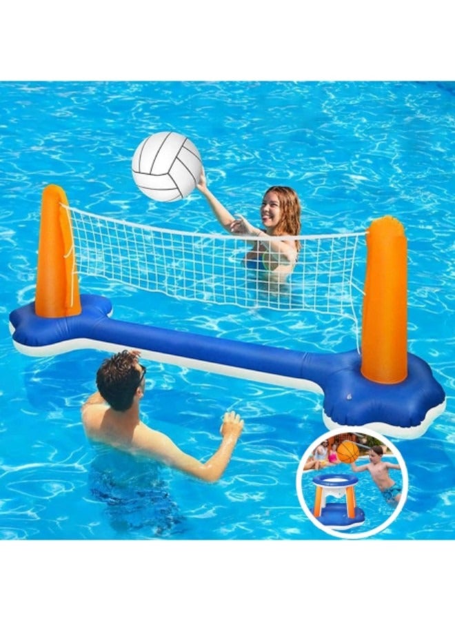 Inflatable Volleyball Net & Basketball Hoops Pool Float Set Balls Included for Kids and Adults, Summer Pool Game Toys Floaties