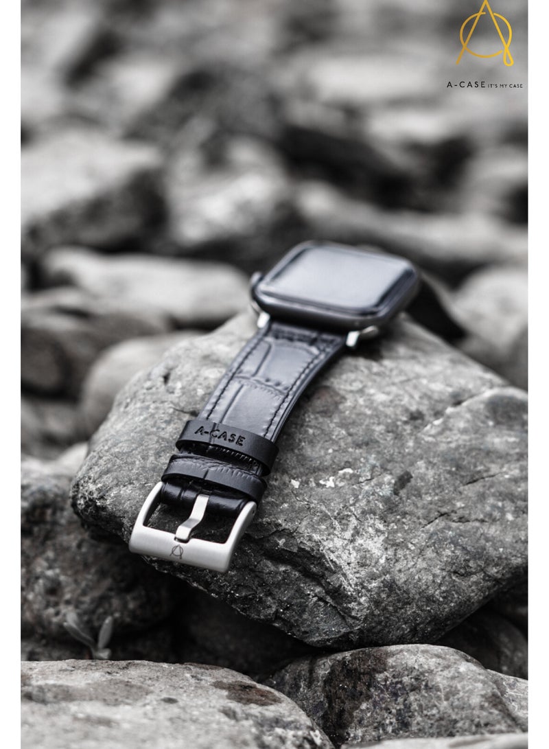 A-Case its My Case Javan Series Genuine Leather Band Compatible with Apple watch Series Ultra 1/2 .7.6.5.4.3.SE Sizes 42/44/45/49MM B - Black