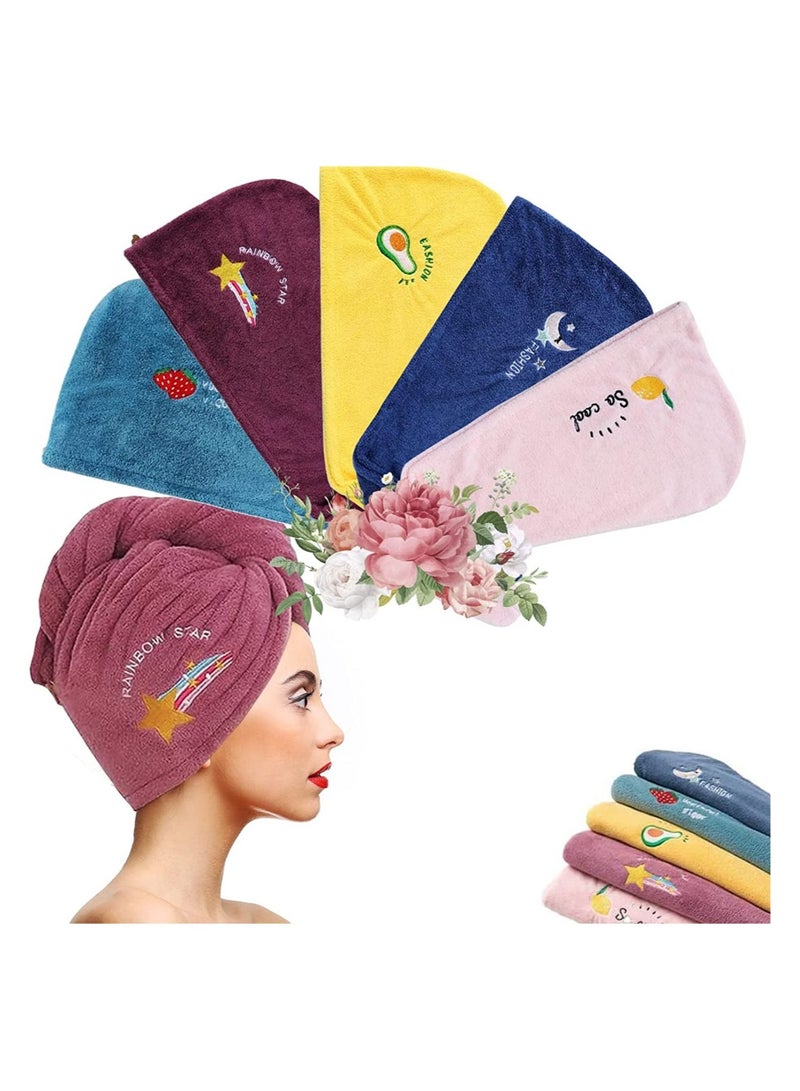 5 Pack Microfiber Hair Drying Towel Super Absorbent Instant Hair Dry Wrap with Button Anti Frizz Soft Bath Shower Cap Head Towel for Girls Women Ladies Kids Long Thick Hair Drying Quickly