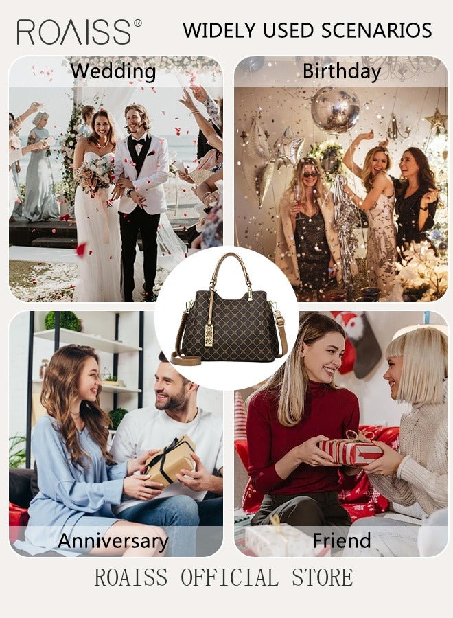 Vintage Textured Handbag for Women with Gift Bag Waterproof Trendy Large Capacity Commuting Tote Bag Retro Fashion Shoulder Crossbody Bag Luxury Print for Mother and Wife Suitable for Anniversary Birthday Gift or Ramadan Compartments and Exquisite Hardware