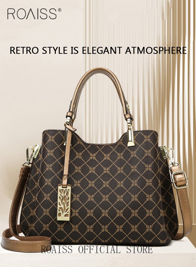 Vintage Textured Handbag for Women with Gift Bag Waterproof Trendy Large Capacity Commuting Tote Bag Retro Fashion Shoulder Crossbody Bag Luxury Print for Mother and Wife Suitable for Anniversary Birthday Gift or Ramadan Compartments and Exquisite Hardware
