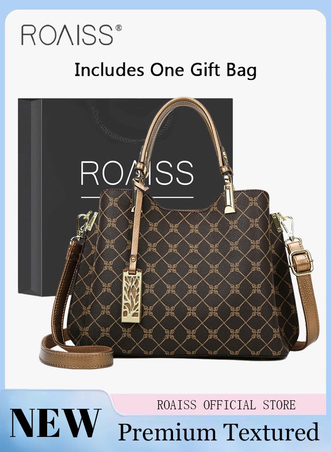 Vintage Textured Handbag for Women with Gift Bag Waterproof Trendy Large Capacity Commuting Tote Bag Retro Fashion Shoulder Crossbody Bag Luxury Print for Mother and Wife Suitable for Anniversary Birthday Gift or Ramadan Compartments and Exquisite Hardware