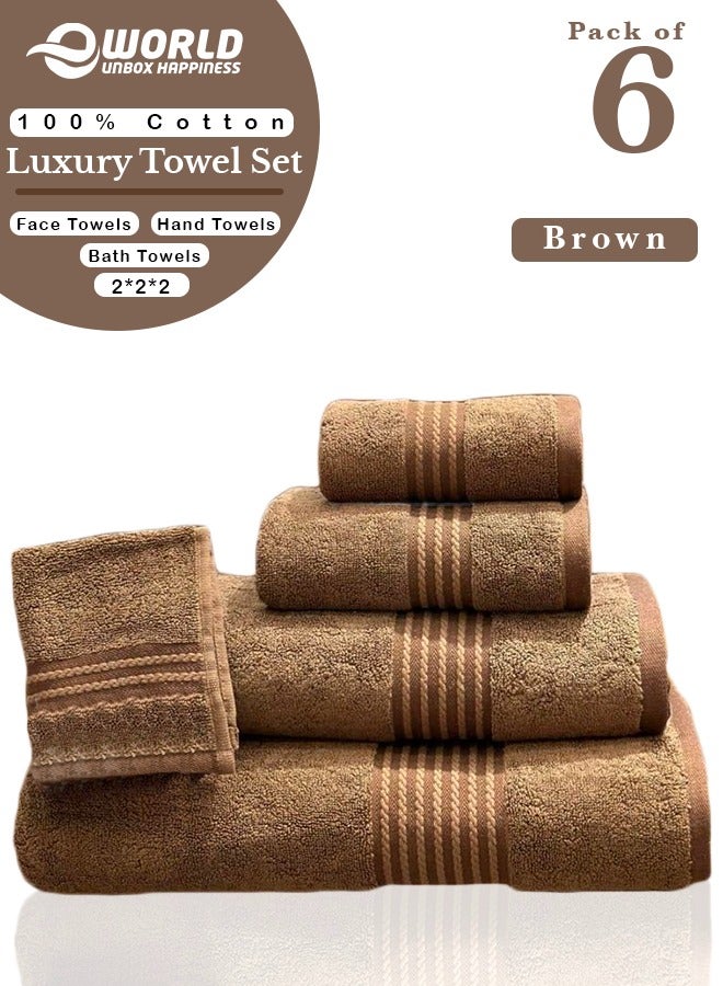 6-piece 100% Cotton Towel Set with Elegant Braided Design, 600 GSM for Ultimate Softness and Absorbency, Includes 2 Bath Towels, 2 Hand Towels and 2 Face Towels with Hotel & Spa Quality in Brown