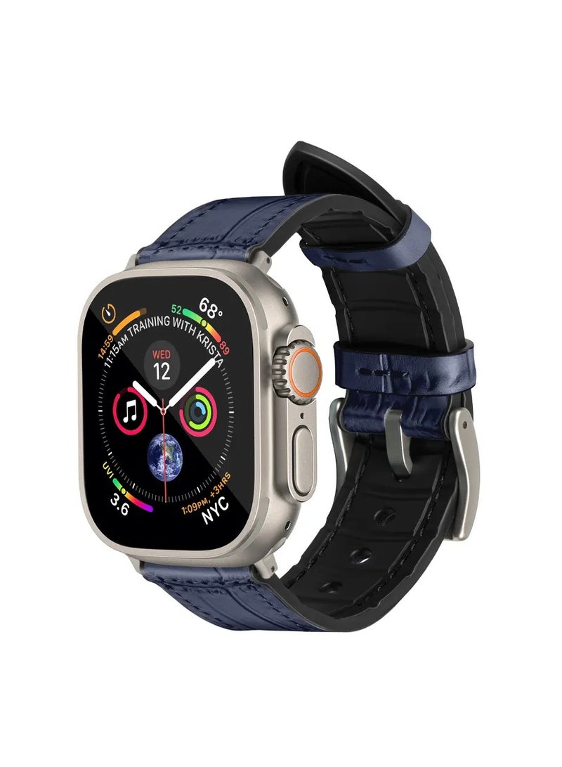 A-Case its My Case Javan Series Genuine Leather Band Compatible with Apple watch Series Ultra 1/2 ,7,6,5,4,3, SE Sizes 42/44/45/49MM Titanium - Blue