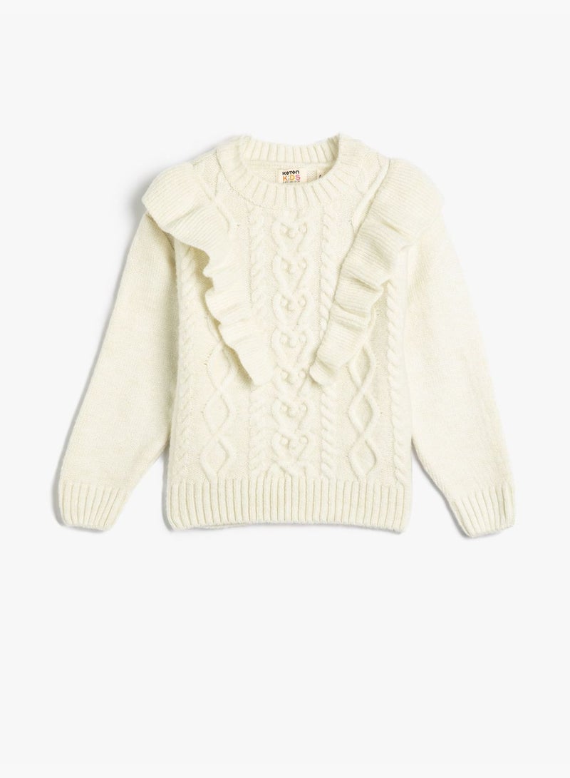 Sweater Ruffle Detail Long Sleeve Cable Knit Detail Soft Touch