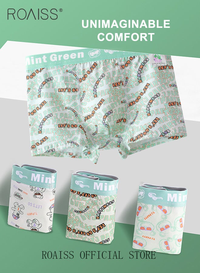 3 Pack Men's Cotton Breathable Mid Rise Boxer Briefs Antibacterial Print Underwear