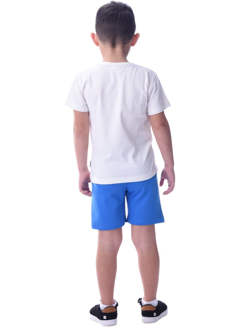 Victor & Jane Boys' Comfortable 2-Piece T-Shirt & Shorts Set (2-8 Years) Off-White & Blue, 100% Cotton